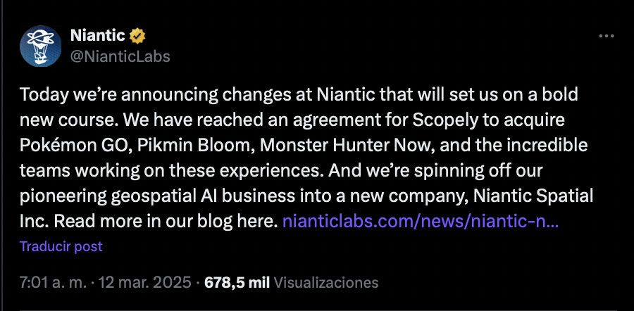 Niantic Twitter post with the news about the sell of Pokemon Go